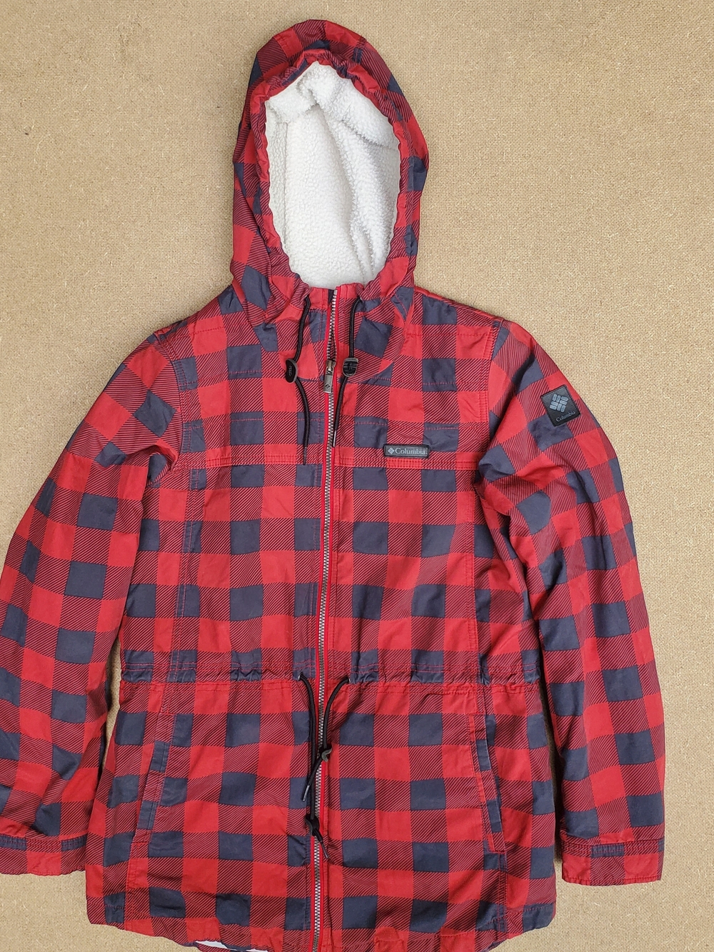 Columbia Red and Navy Plaid Hooded Sherpa-Lined Jacket